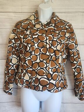 Ruby Rd Petite 10 Retro Geo Print Jacket Brown Cream Chic Tailored